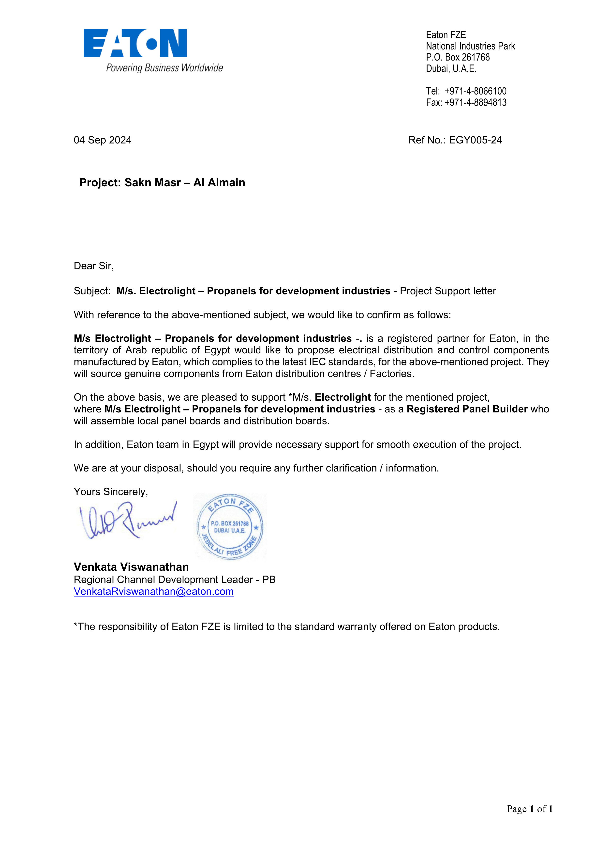 Electrolight – Propanels for development industries - Sakn Masr – Al Almain Project support lett